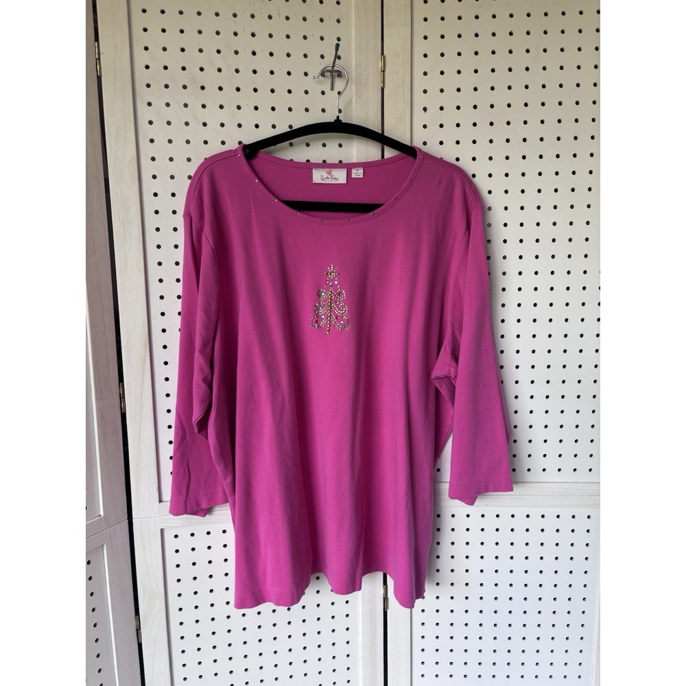 Quacker Factory Women's 2X Pink Christmas Tree Rhinestone 3/4 SLV Tee Shirt